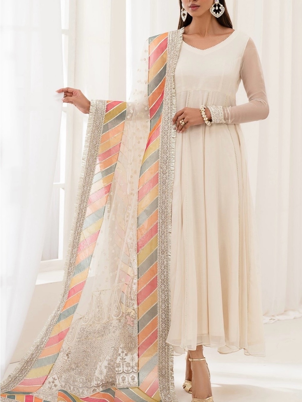 Cream Maxi Anarkali Dress with Pastel Striped Dupatta